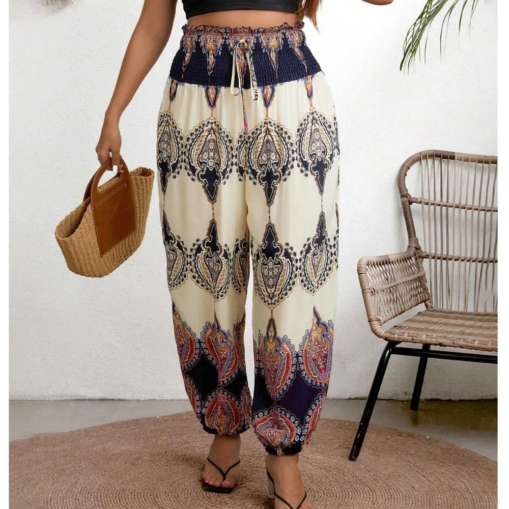 Plus Paisley Tribal Print Paperboy Stretchy Waist Pants - Picture 1 of 1
